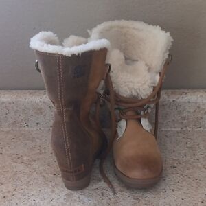 Sorel Women's Joan Of Artic Wedge Tan and Brown Lace-Up Shearling Winter Boots